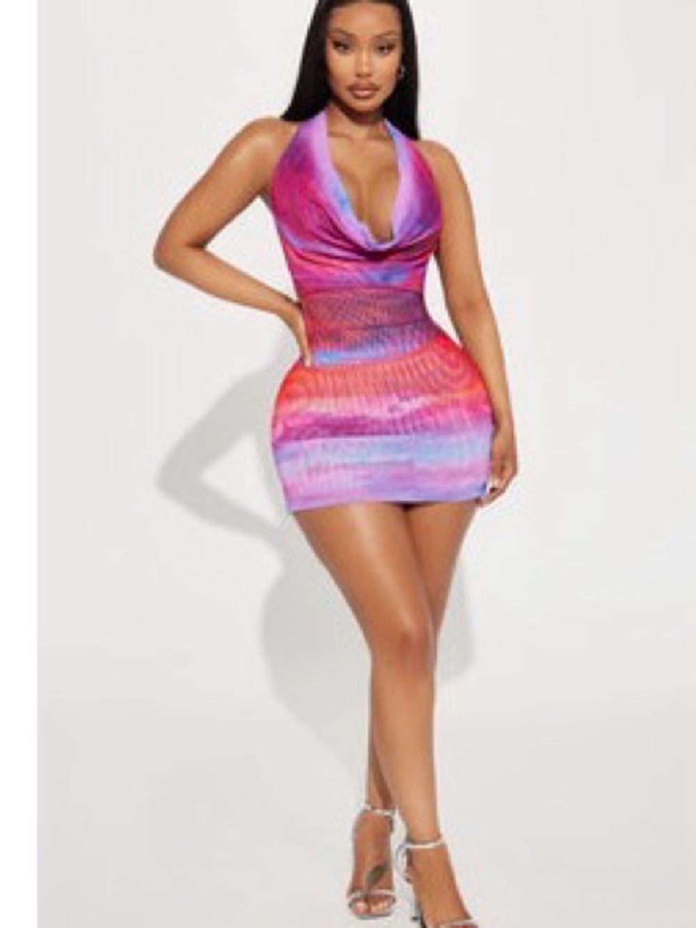 Fashion Nova Pink and Purple Ombre Cowl Neck Bodycon Mini Dress